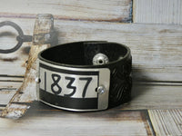 Locker Tag Cuff Bracelet, #1837 Silver Locker Tag on tooled black leather cuff