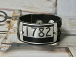 Locker Tag Cuff Bracelet, #1782 Silver Locker Tag on tooled black leather cuff