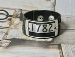 Locker Tag Cuff Bracelet, #1782 Silver Locker Tag on tooled black leather cuff