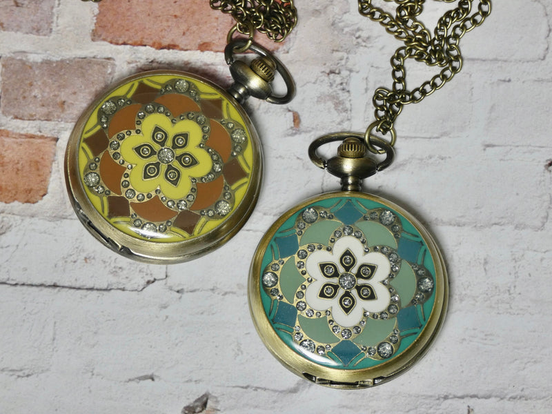 Pocket Watch Necklace - Working Large Face Watch - Yellow and Burgundy Design