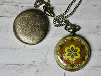 Pocket Watch Necklace - Working Large Face Watch - Yellow and Burgundy Design