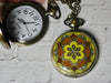 Pocket Watch Necklace - Working Large Face Watch - Yellow and Burgundy Design