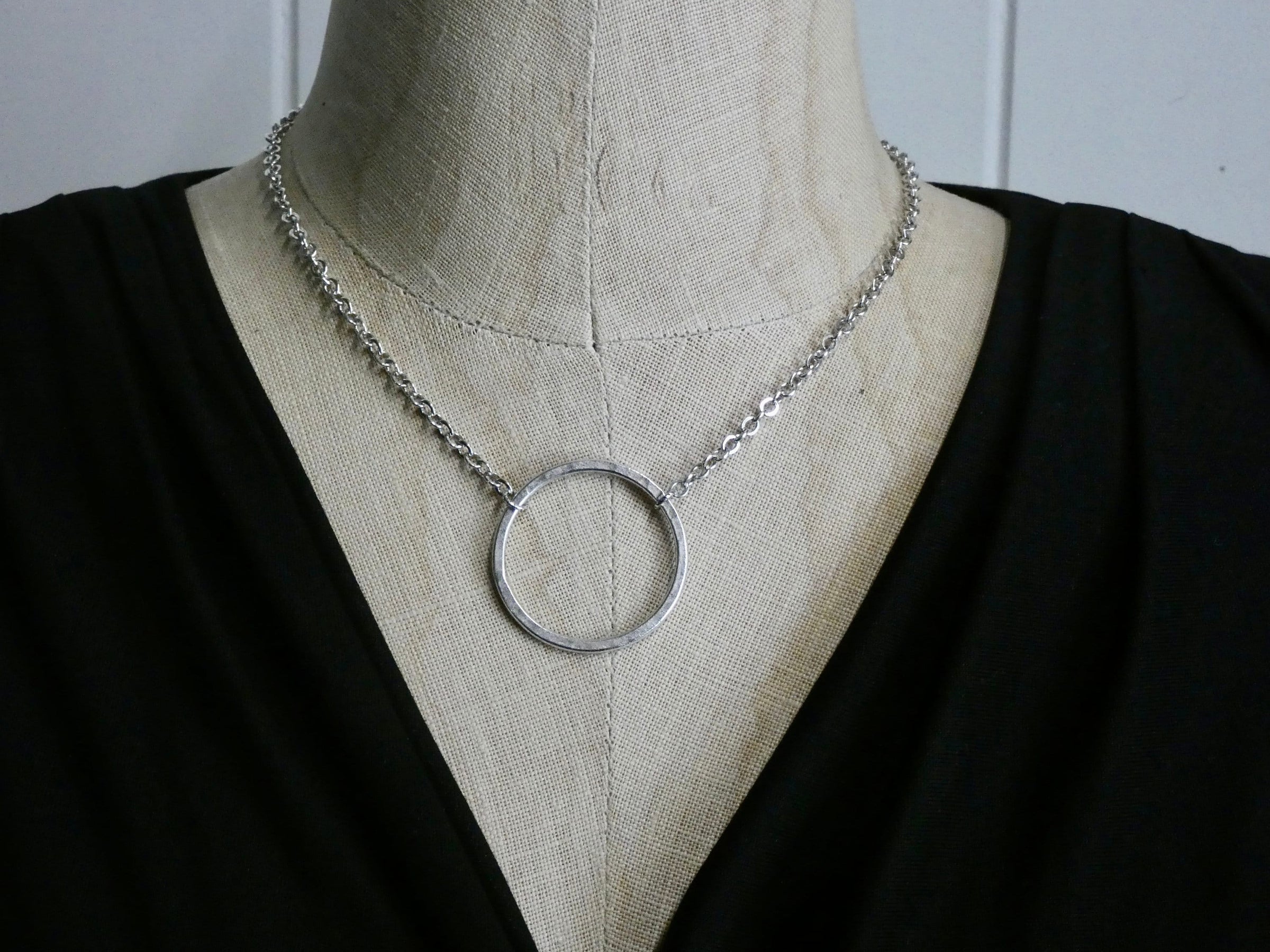 Circle Necklace, Medium Hammered Sterling plated Circle Pendant