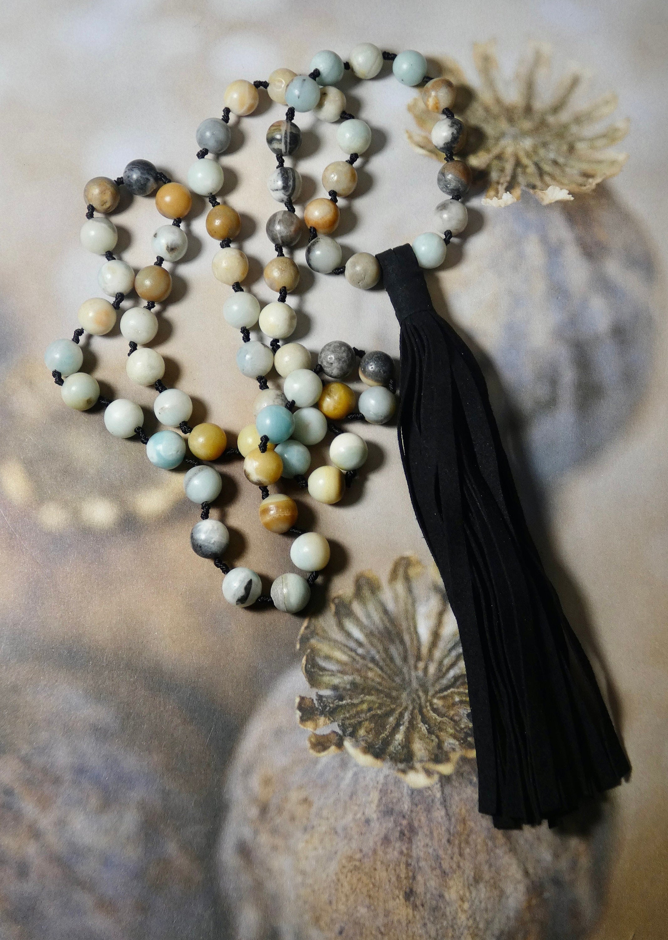 Amazonite Hand Knotted with Tassel, Boho Vibe Necklace