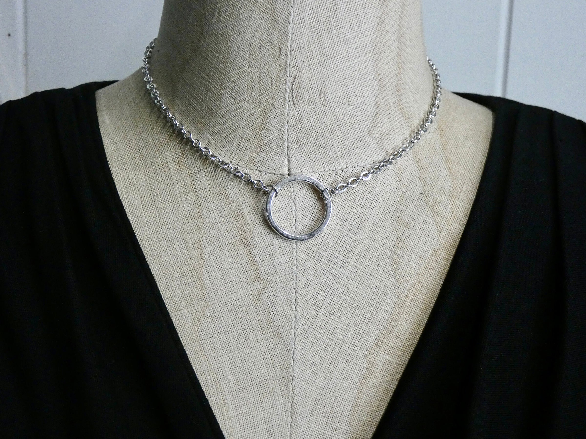 Circle Necklace, Small Hammered Sterling plated Circle Pendant