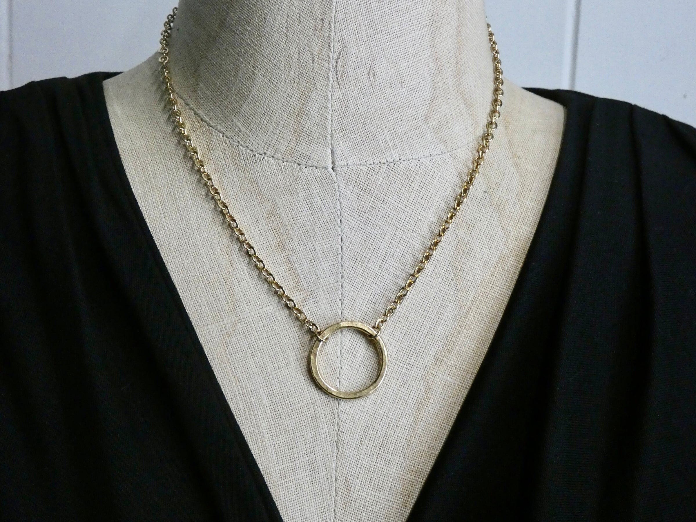 Circle Necklace, Small Hammered 14K Gold plated Circle Pendant
