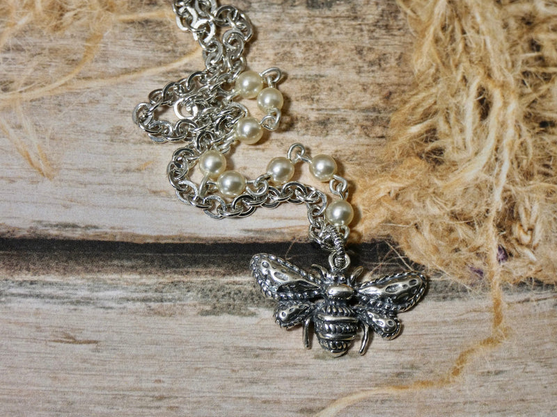 Bee Necklace, Silver plated Bee Circle Pendant
