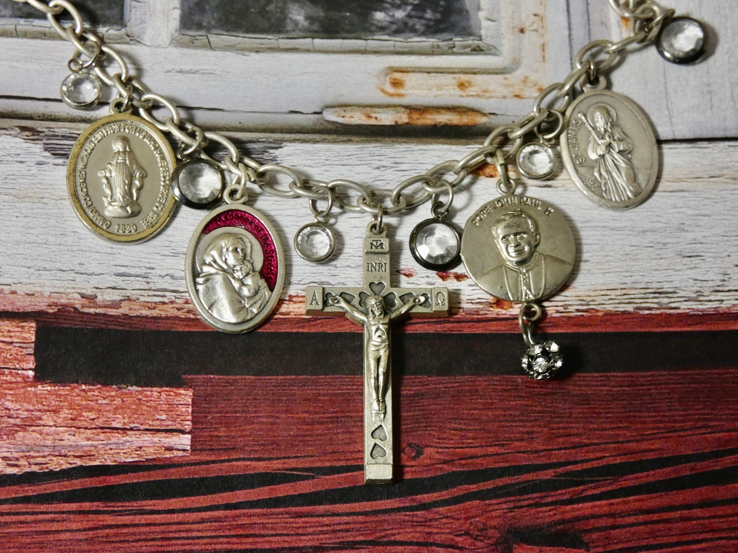 Vintage Cross and Medallion Charm Necklace, One of a Kind Assemblage repurposed christian medals