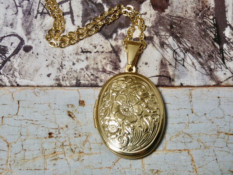 Oval Locket Necklace, Oval Floral Pattern in Gold or Silver