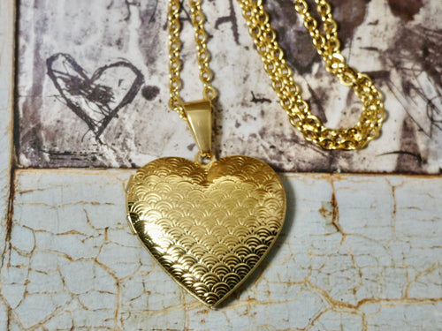 Heart Locket Necklace, Gold Wave Pattern