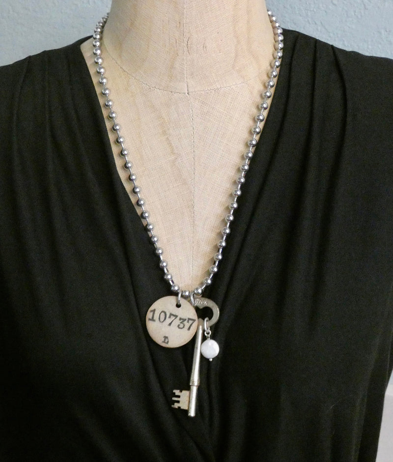 Skeleton key and Coat Check Tag #10737, Large Chunky Stainless Bead ball Chain