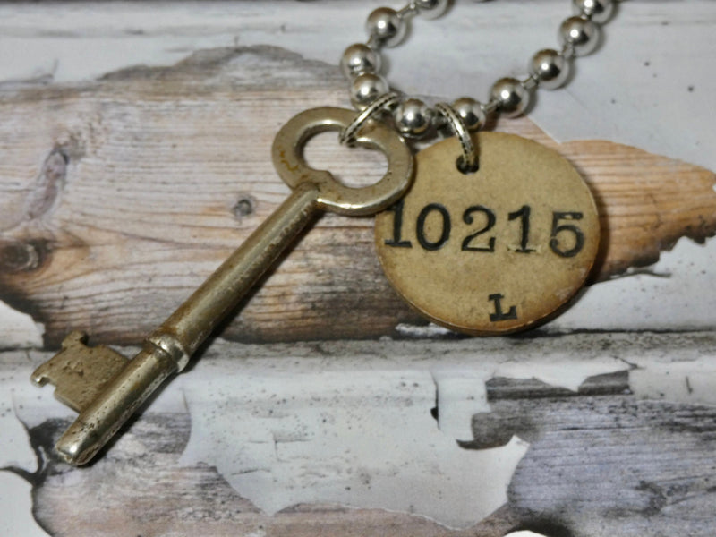 Skeleton key and Coat Check Tag #10215, Large Chunky Stainless Bead ball Chain