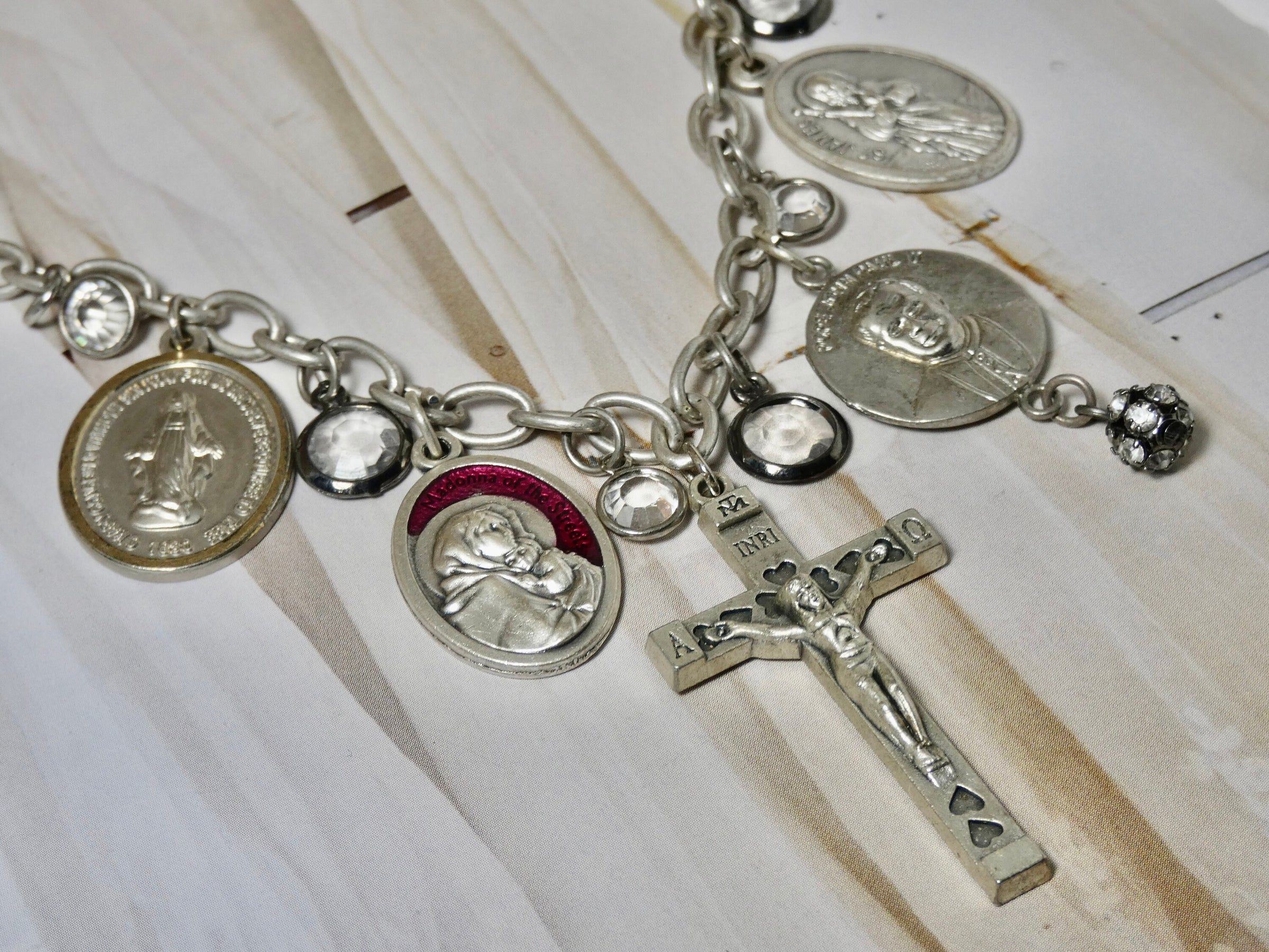 Vintage Cross and Medallion Charm Necklace, One of a Kind Assemblage repurposed christian medals