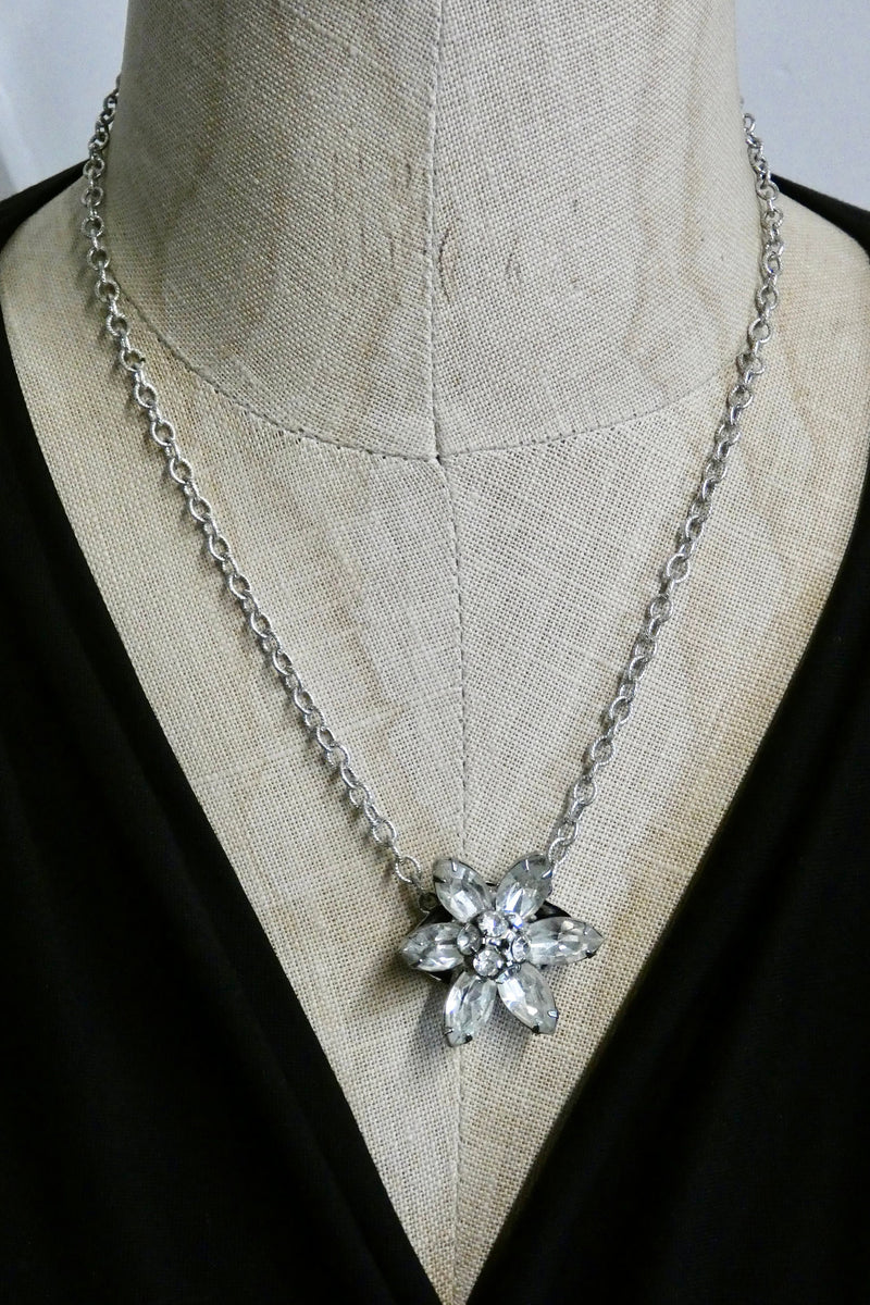 Vintage Rhinestone Necklace, Dainty Flower Pendant, Repurposed Jewelry