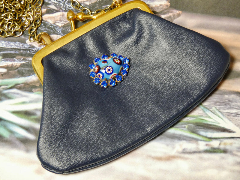 Vintage Coin Purse Necklace, One of a Kind Gift, Navy Blue Crossbody Necklace