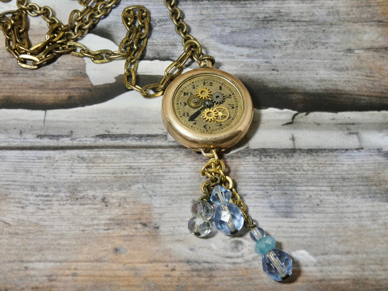 Steampunk Altered Women's Watch Necklace, Open Face with Gears and Parts