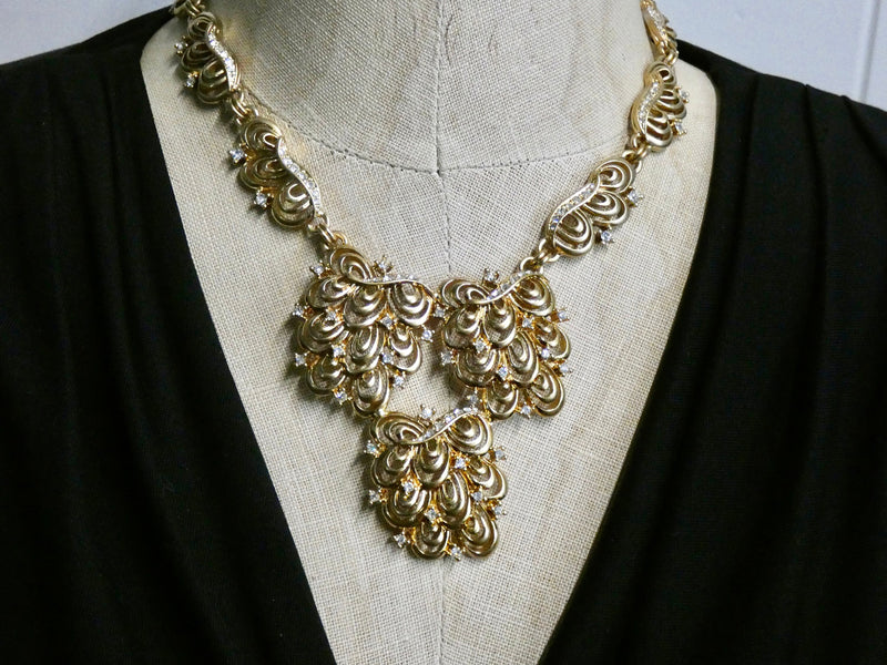 Bib Necklace, Long Necklace, Gold and Rhinestone Detailing