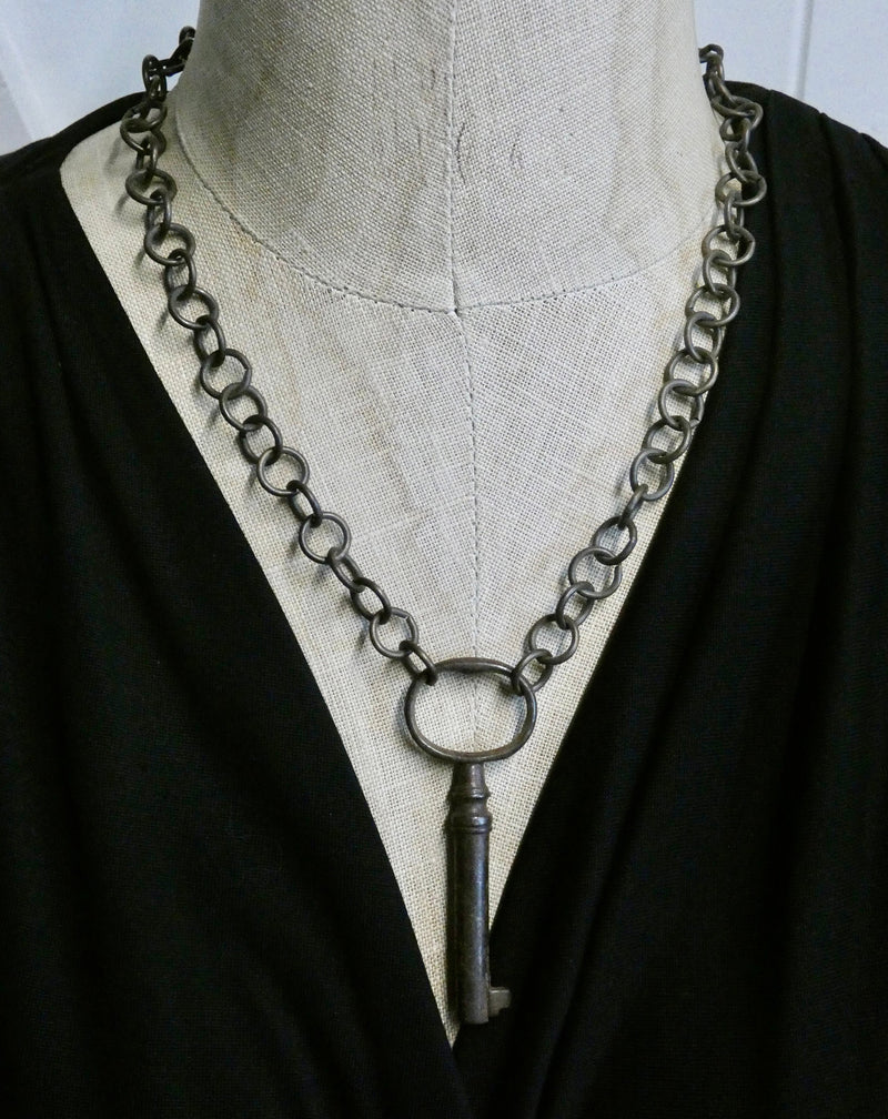 Vintage Barrel Key Necklace, Large Key with Large Link Chain