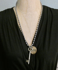 Skeleton key and Coat Check Tag #10215, Large Chunky Stainless Bead ball Chain