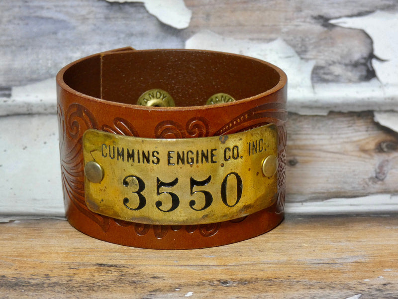 Leather Cuff Bracelet Vintage Cummins Engine CO Brass Tag #3550