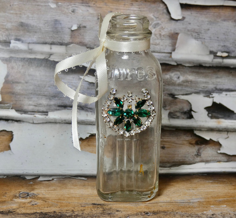 Apothecary Bottle Embellished with repurposed Vintage Brooches