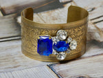 Metal Cuff Bracelet with Vintage Blue and Crystal Repurposed Brooch