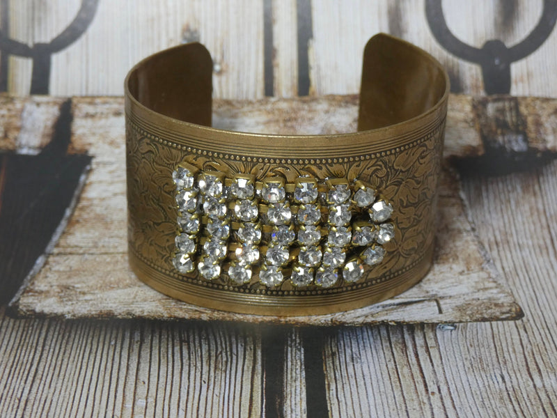 Metal Cuff Bracelet with Vintage Rhinestone Repurposed Brooch