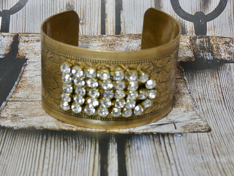 Metal Cuff Bracelet with Vintage Rhinestone Repurposed Brooch