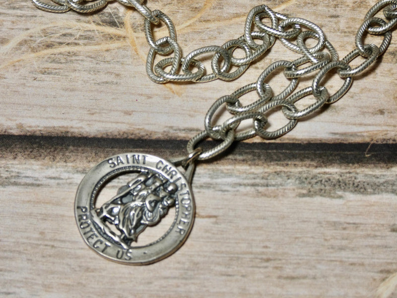 Saint Christopher Medallion Necklace, Chunky Sterling Plated Chain