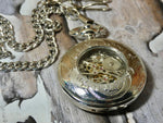 Mechanical Pocket Watch with Fob, Silver with Stripe Design and Black Face