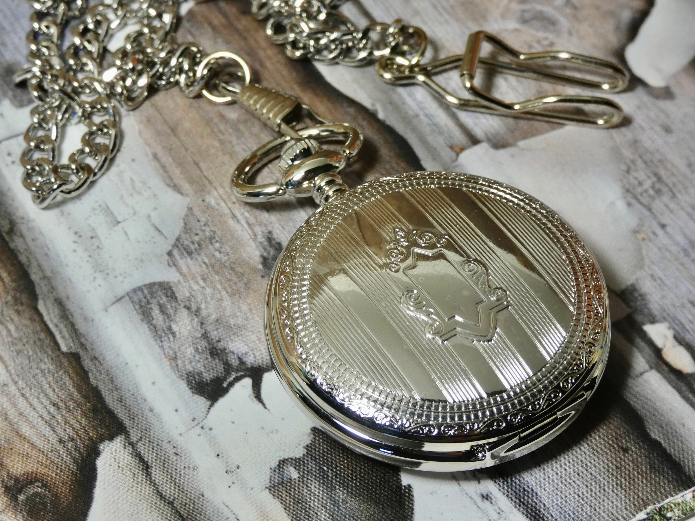 Mechanical Pocket Watch with Fob, Silver with Stripe Design and Black Face