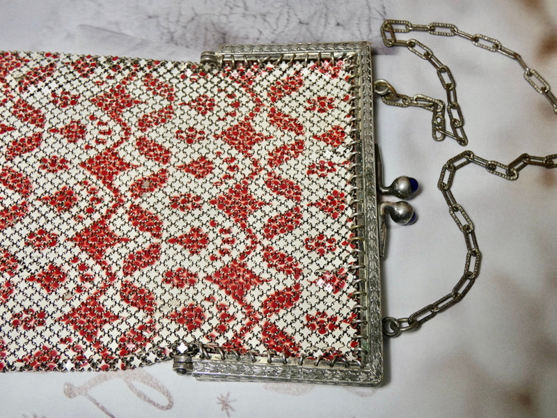 Vintage 1920's Metal Mesh Bag, Red and Pearlized Mandalian MFG Purse