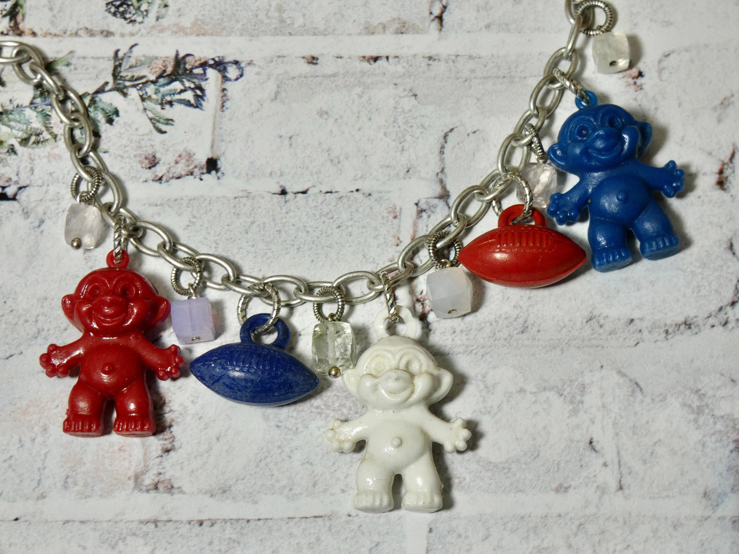 One of a Kind Vintage Cracker Jack Necklace, Assemblage Troll and Football Charm Necklace