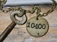 Skeleton key and Coat Check Tag #10400, Chunky Brass Chain