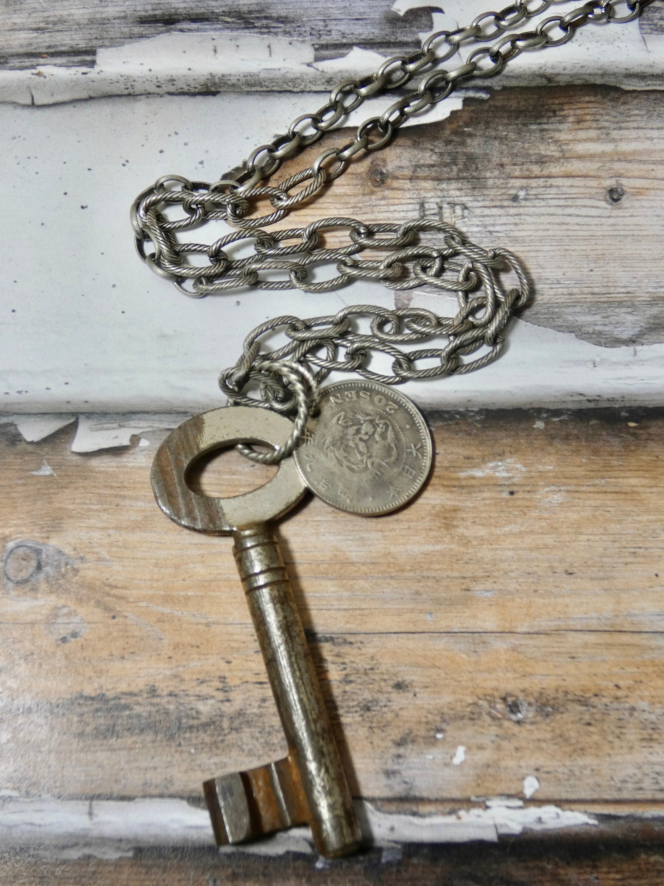 Skeleton Key and Old World Coin Necklace, Chunky Antique Silver Chain