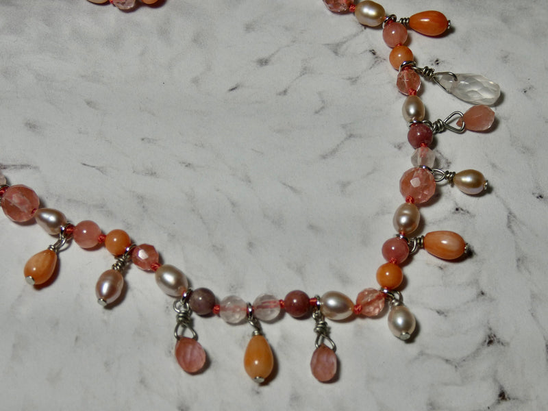Shades of Peachy Pink Semi Precious Gemstone Necklace, Hand Knotted