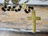 Vintage Brass Crucifix Cross Necklace with Black Rosary bead Chain