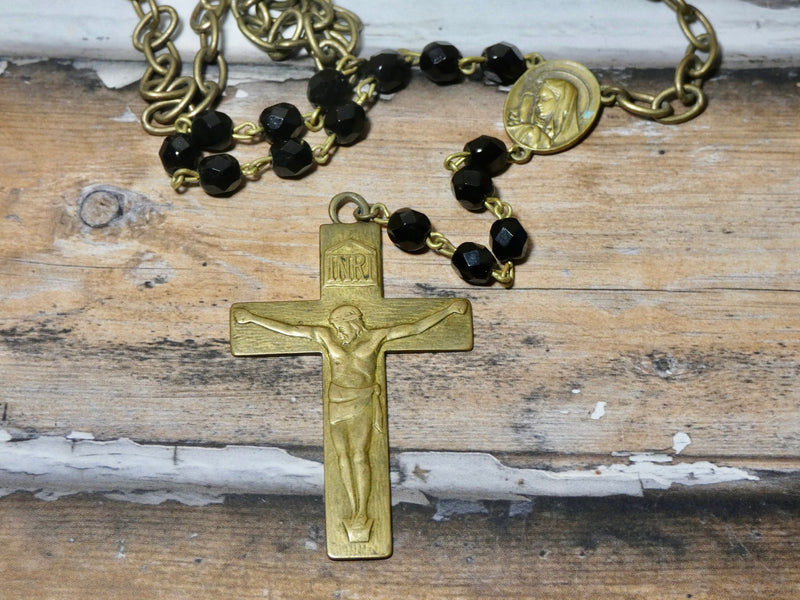 Vintage Brass Crucifix Cross Necklace with Black Rosary bead Chain