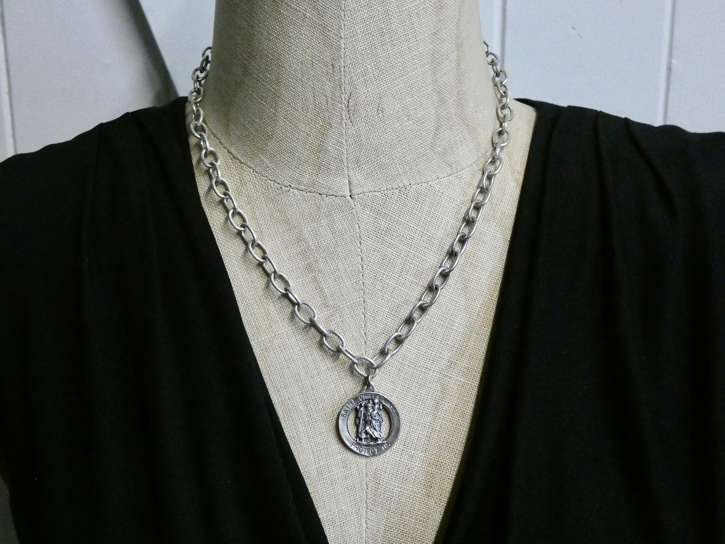 Saint Christopher Medallion Necklace, Chunky Sterling Plated Chain