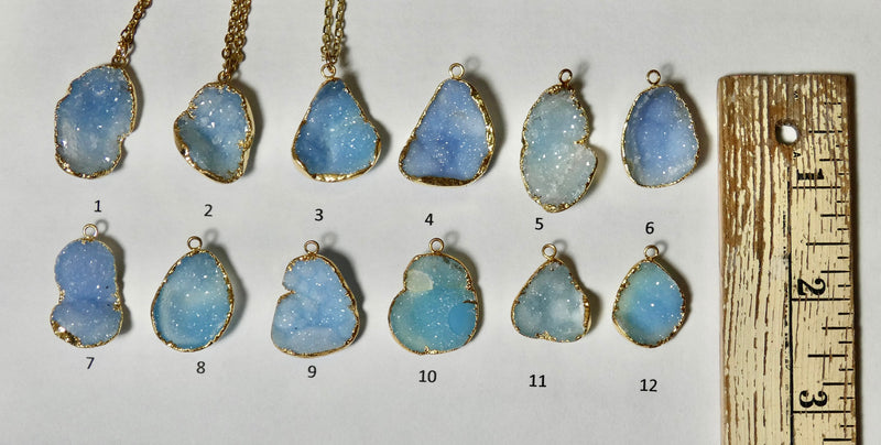 Druzy Geode Necklace, Shades of Blue to Turquoise Druzy Stones, Medium sized geode 1b-12b