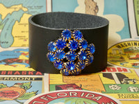 Leather Cuff Bracelet with a repurposed vintage blue brooch