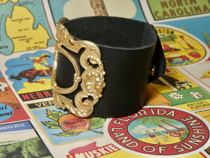 Large Leather Cuff Bracelet with a repurposed vintage brass belt buckle