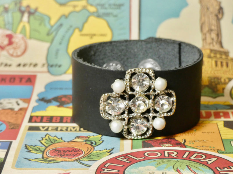 Leather Cuff Bracelet with a repurposed vintage rhinestone and pearl brooch