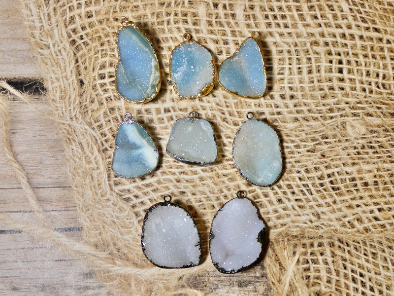 Druzy Geode Necklace, Shades of Icy White to Turquoise Blue Druzy Stones, Medium sized geode A-H