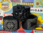 Large Leather Cuff Bracelet with a repurposed vintage jet black crystal brooch