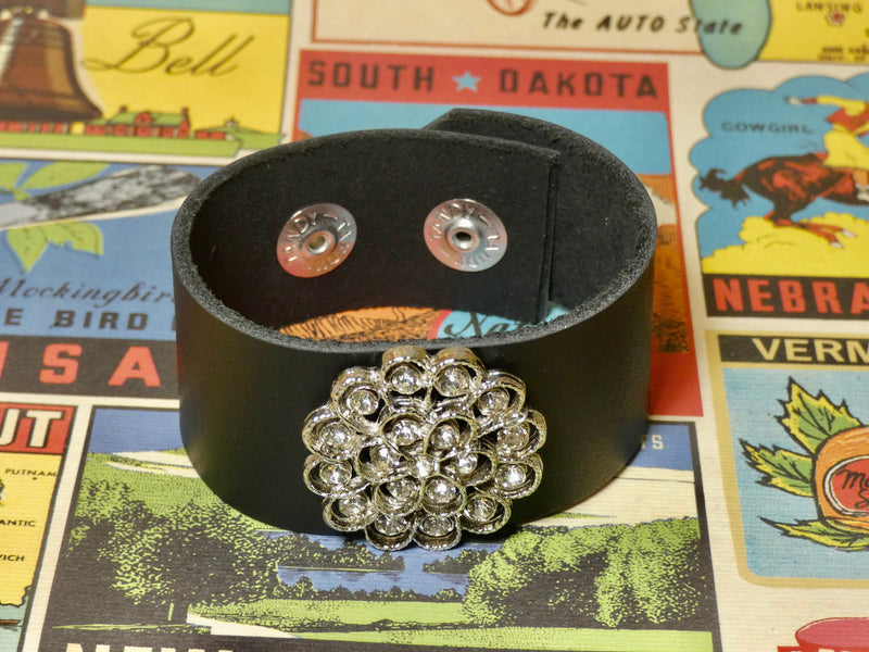 Leather Cuff Bracelet with a repurposed vintage rhinestone crystal brooch