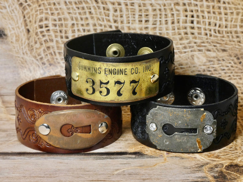 Leather Cuff Bracelet Vintage Cummins Engine CO Brass Tag #3583, Tooled Leather Bracelet