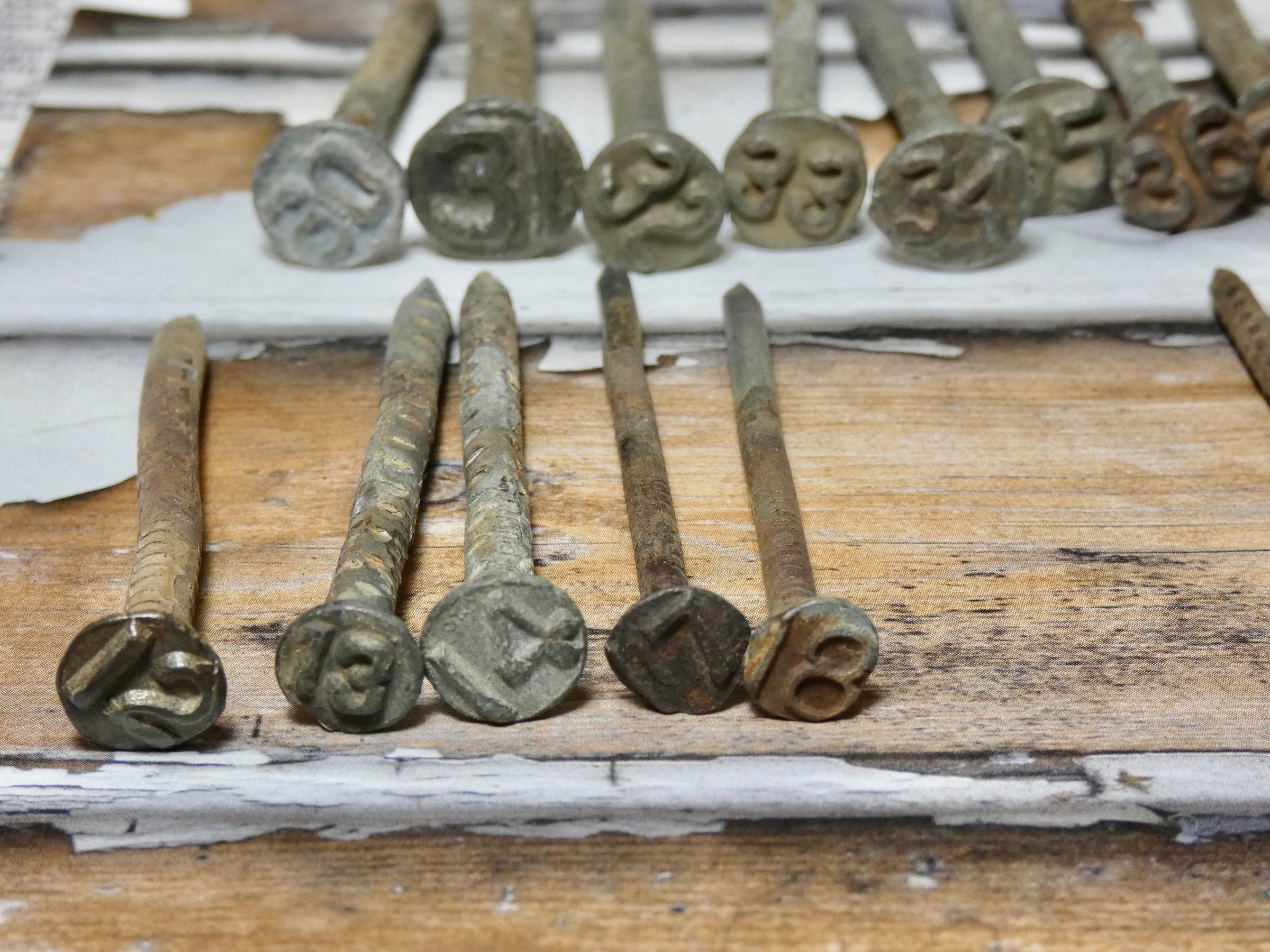 Railroad Date Nails 1912 to 1942 Years available, Rusty architectural salvage steampunk jewelry hardware art