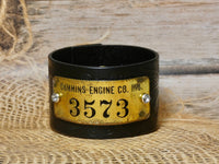 Leather Cuff Bracelet Vintage Cummins Engine CO Brass Tag #3573, Tooled Leather Bracelet