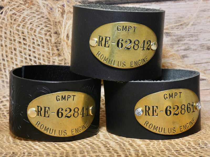 Leather Cuff Bracelet Vintage GM Brass Tag #62841, General Motors Tooled Leather Bracelet